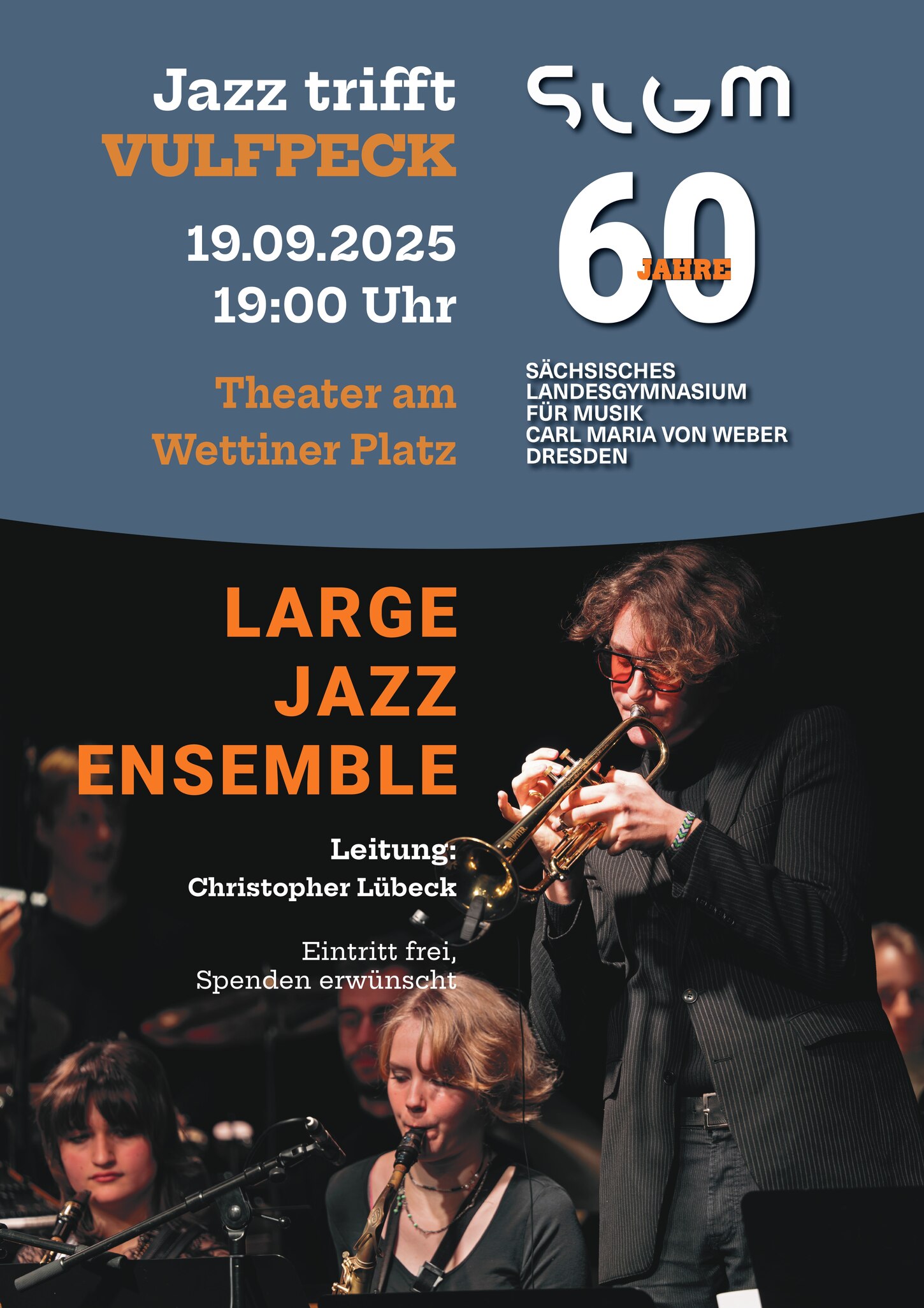 Plakat für das Jazz Konzert auf dem jugne Musikerinnen udn Musiker zu sehen sind